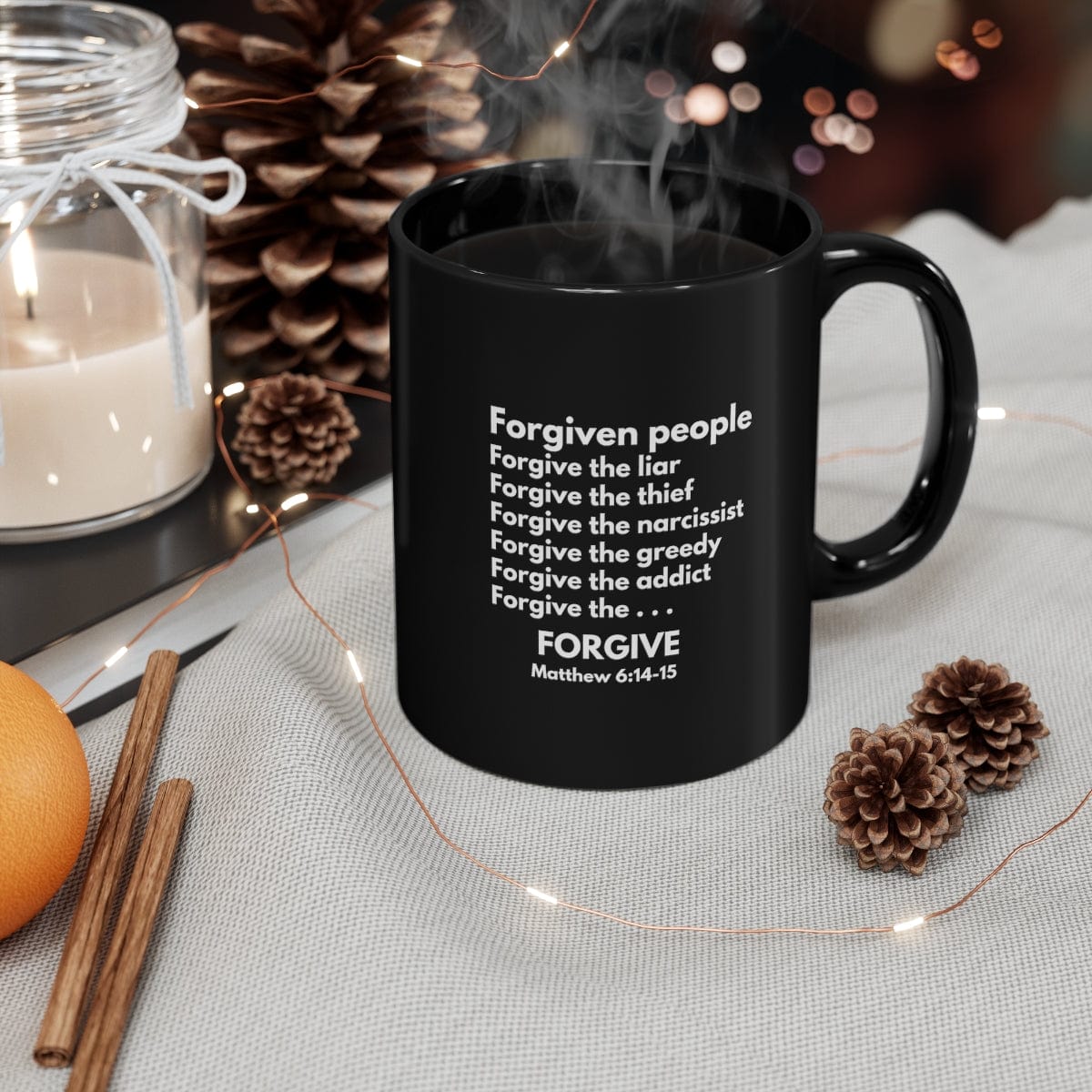 Printify Mug 11oz Forgiven People Forgive Black Christian Mug