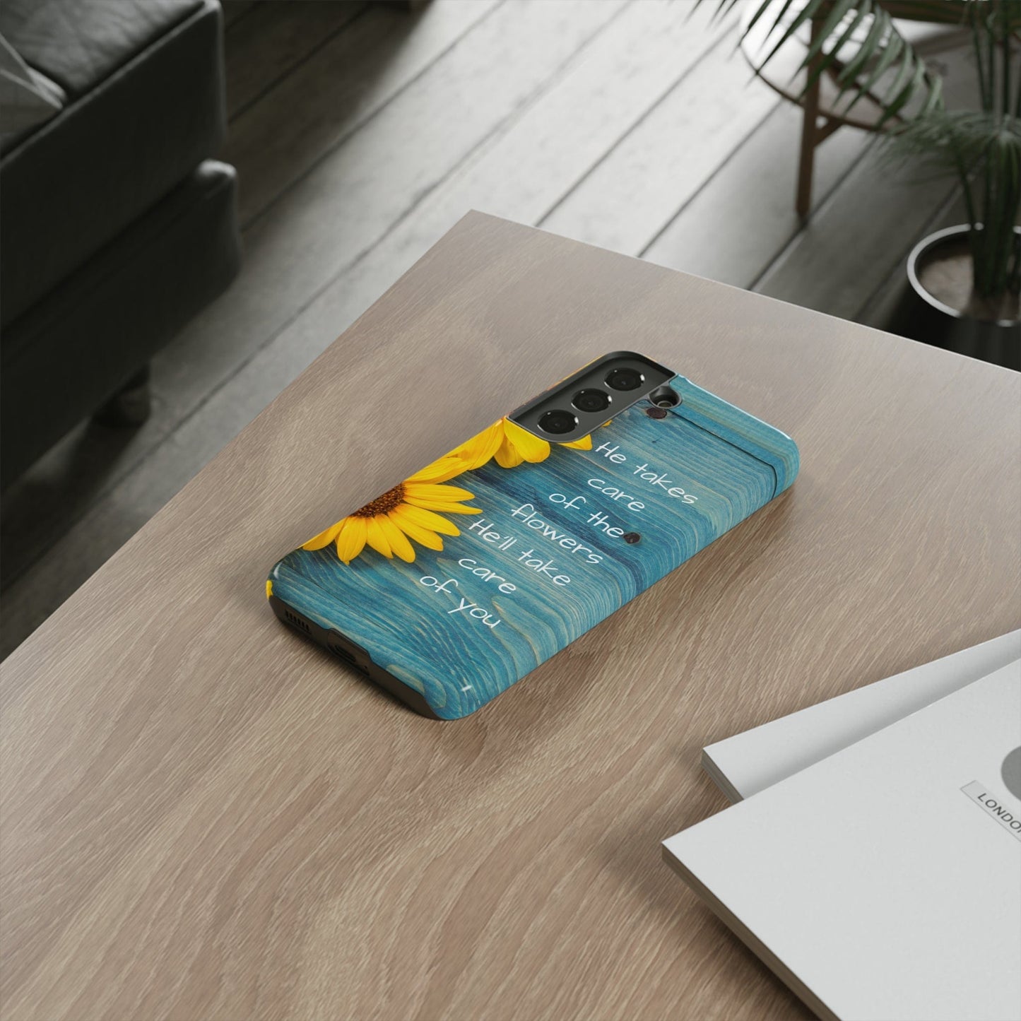 Printify Phone Case He Takes Care of the Flowers Christian Phone Case