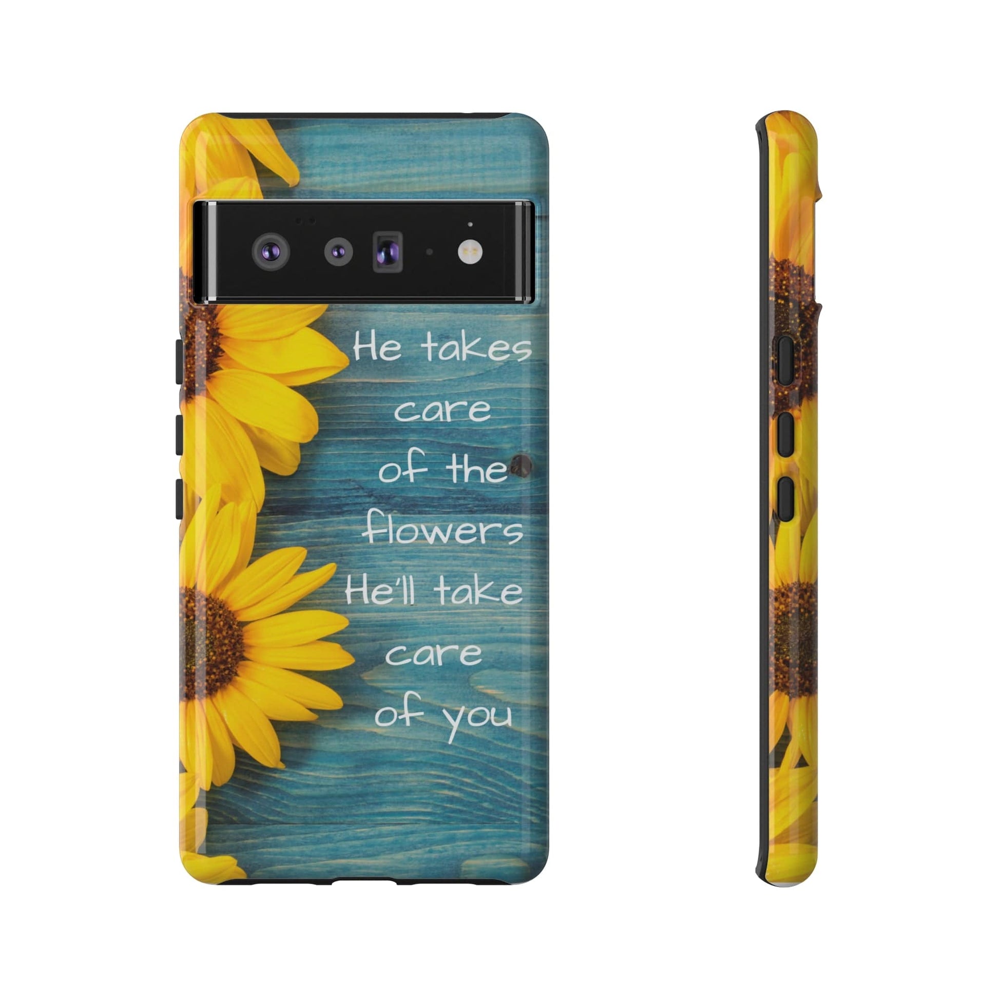 Printify Phone Case Google Pixel 6 Pro / Glossy He Takes Care of the Flowers Christian Phone Case