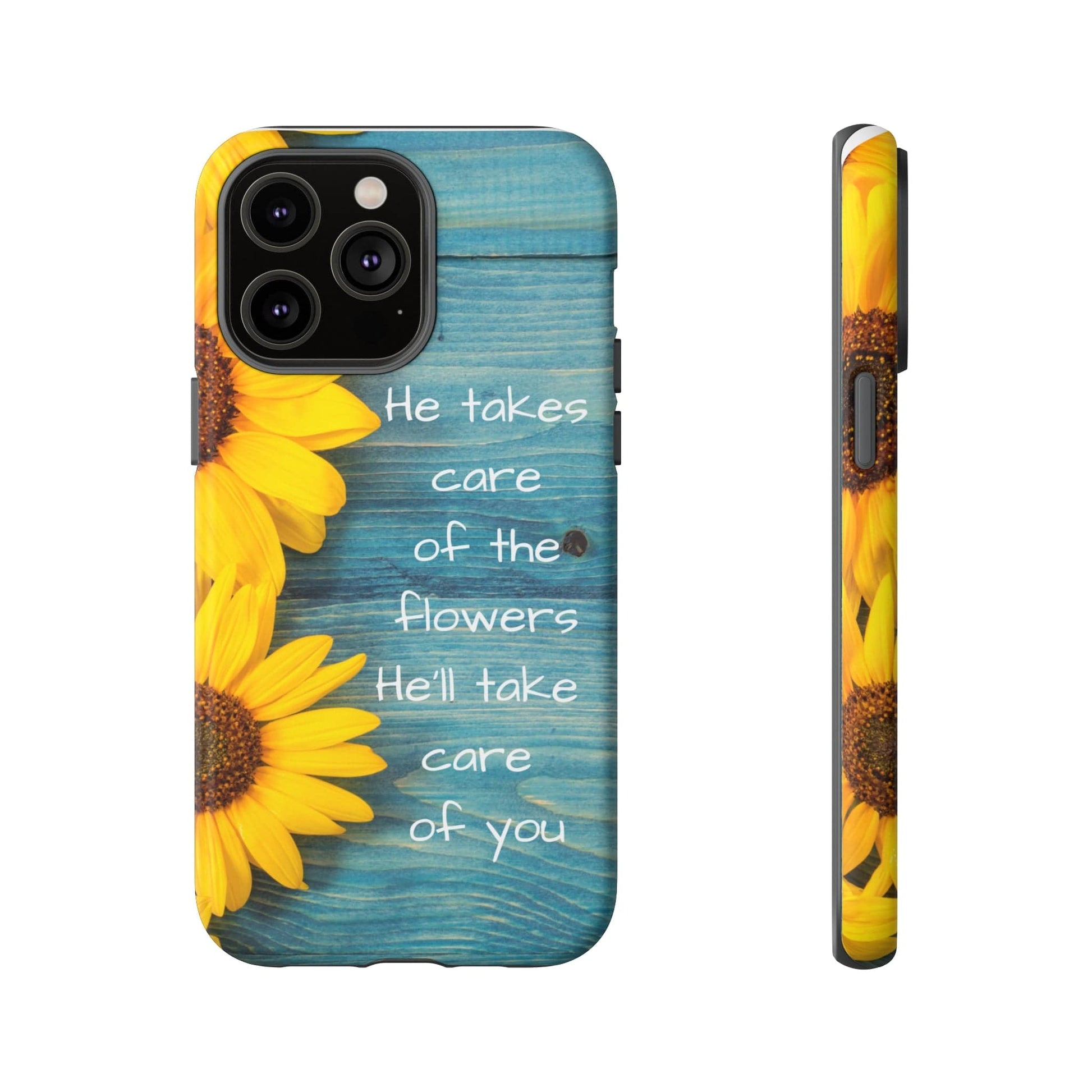 Printify Phone Case He Takes Care of the Flowers Christian Phone Case