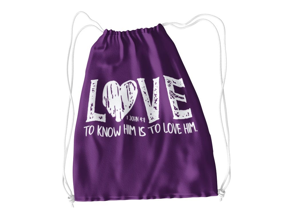 Wrighteous Wear Backpacks Purple Know Him Know Love Christian drawstring bag