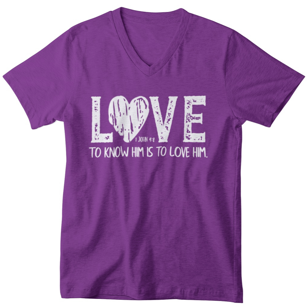 Wrighteous Wear T-Shirt S / Purple Know Him Know Love Christian Women's V-neck T-shirt